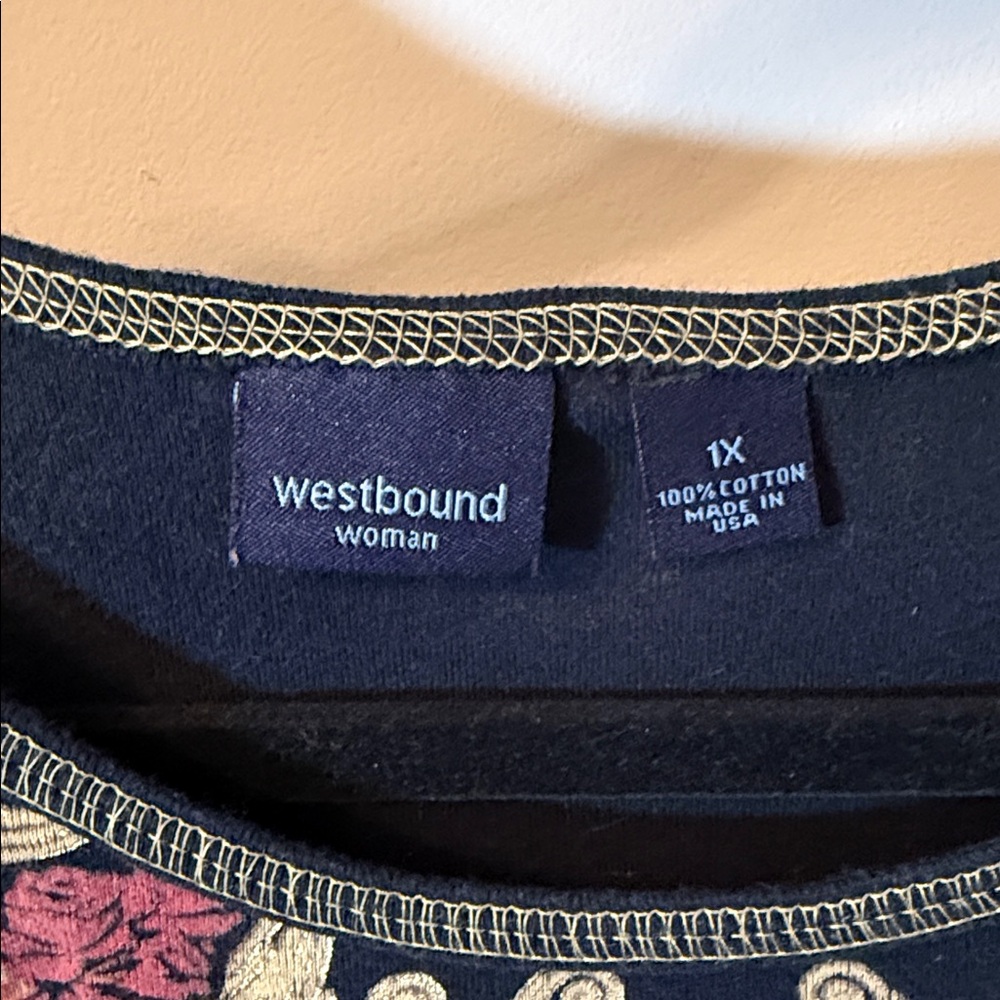 Westbound Black Tee with Gold Scrollwork and Pink Floral Print - Picture 3 of 5